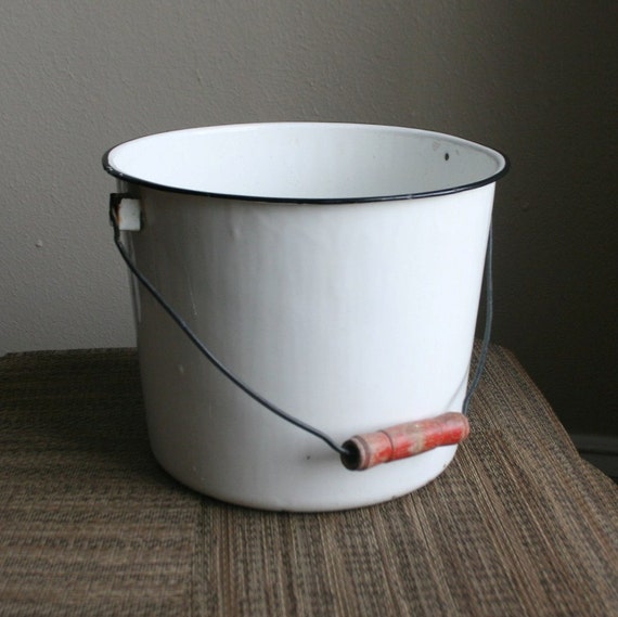 Vintage Enamelware Large Black and White Bucket with Wooden
