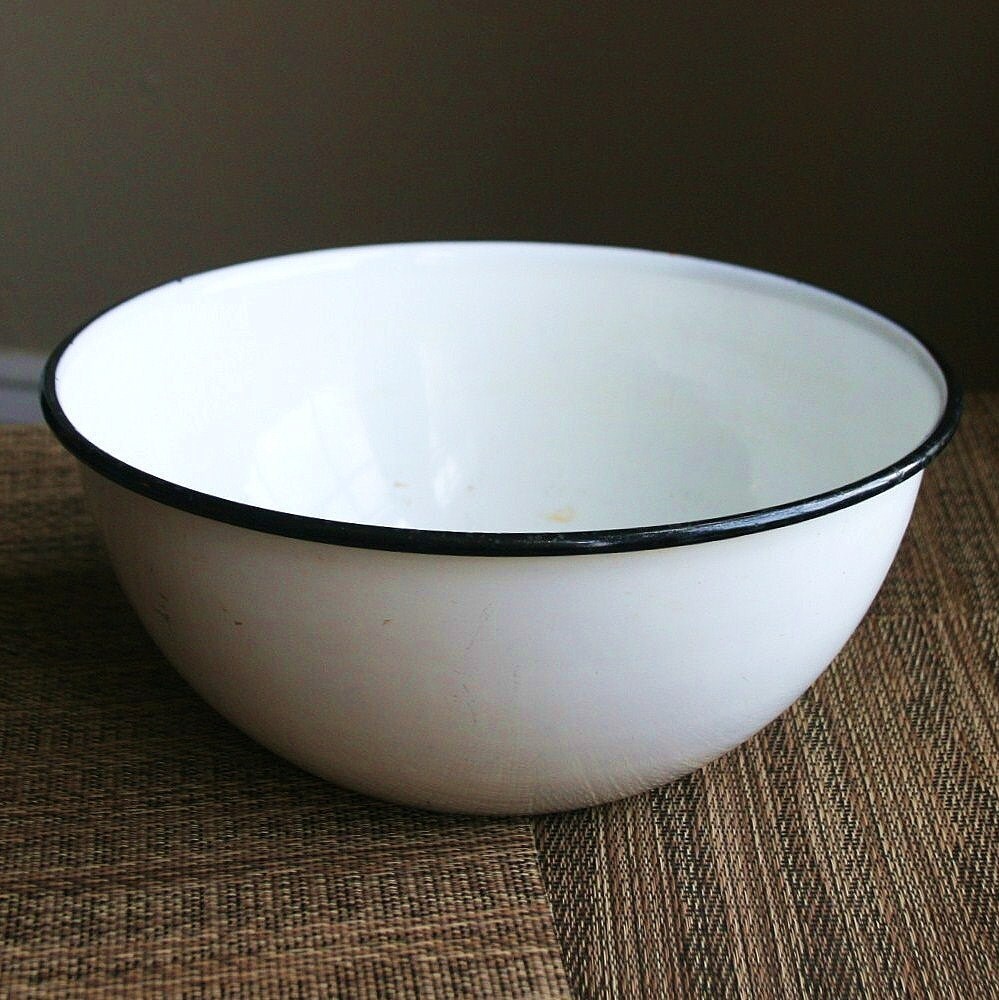 Large White Enamelware Mixing Bowl Black Trim Shabby by sariloaf