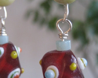 Red Glass Bead with Yellow Jade Earrings