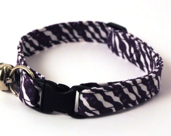 Breakaway Adjustable Safety Cat Collar with Bell - Purple and White Zebra Print