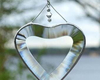 Clear Beveled Stained Glass Heart Suncatcher with Beads and a Silver Line