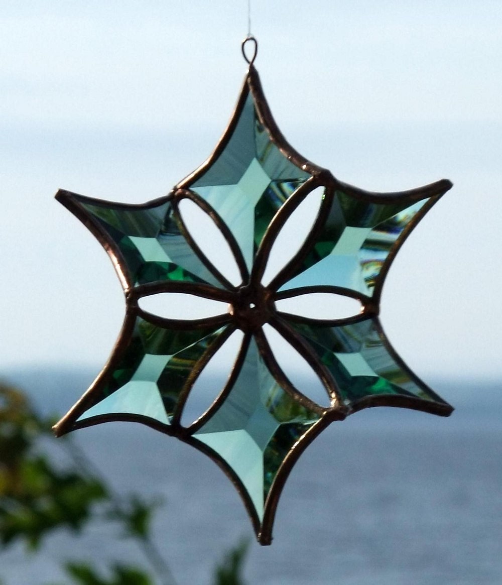 3D Green Beveled Stained Glass Snowflake Ornament Indoor