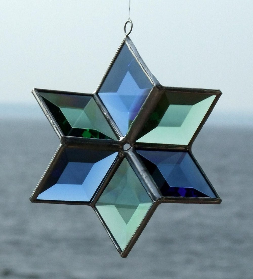 3D Blue and Green Beveled Stained Glass Star with Silver Lines
