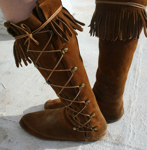 vintage suede lace up fringe moccasin boots