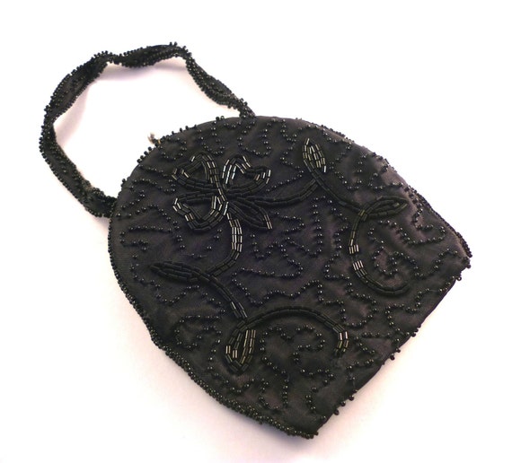 beaded bag - 60s black satin evening bag