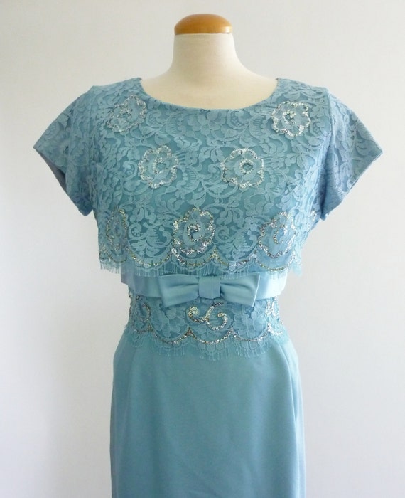 60s cocktail dress blue crepe dress with lace overlay