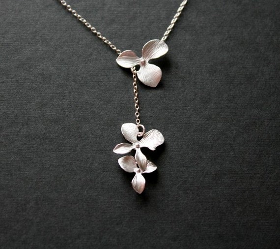 Orchid flower lariat necklace sterling silver chain orchid