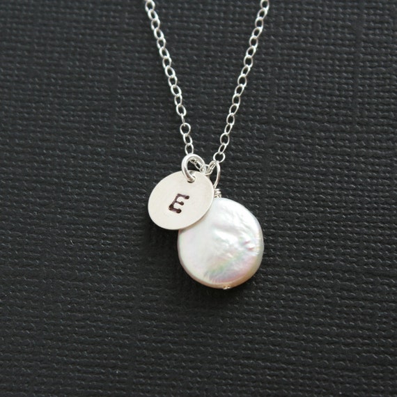 Personalized initial necklace pearl coin and intial disc