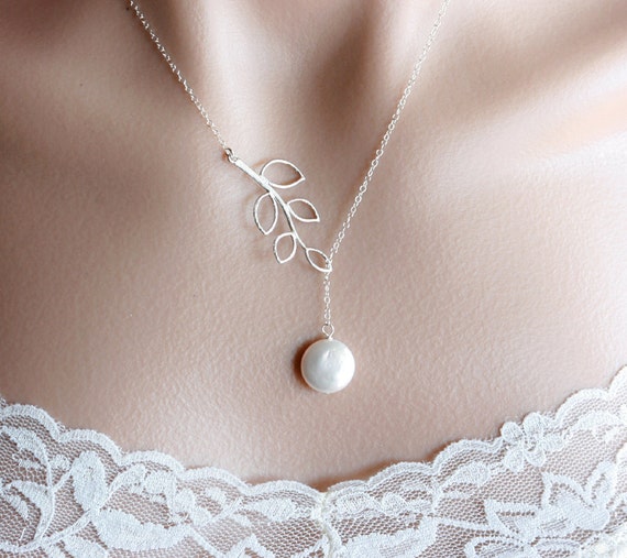 Leaf branch and coin pearl necklace leaf necklace wedding