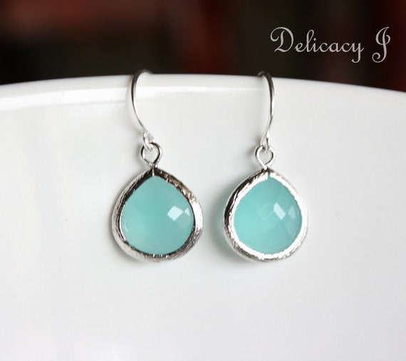 Items similar to Aqua blue glass stone in bezel earrings, silver