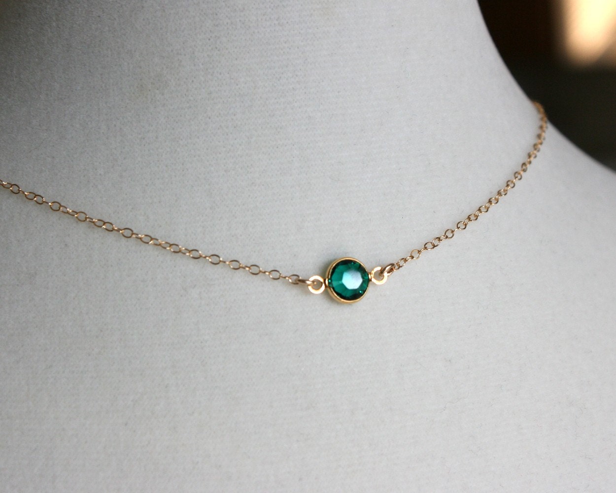 Emerald green crystal necklace gold filled chain small