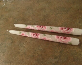 Hand Painted Pink Rose Tapered Candles Set Ten Inch Cottage Chic