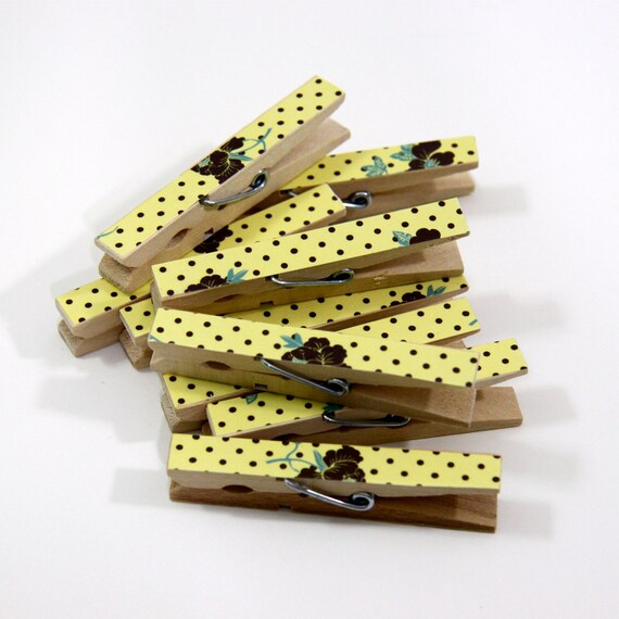 Items similar to Clothespins. Set of Ten. Yellow and Brown Print. on Etsy