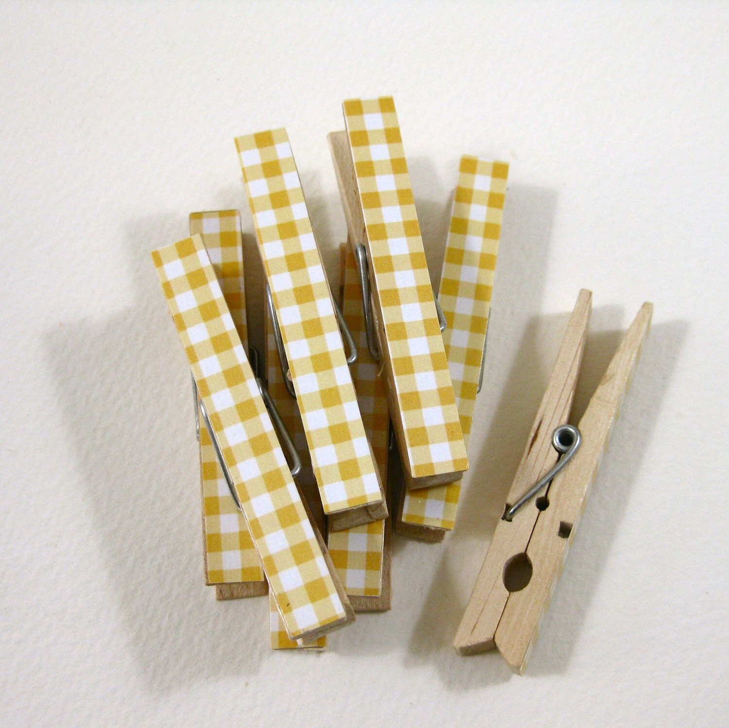 Clothespins. Set of Ten. Yellow Gingham