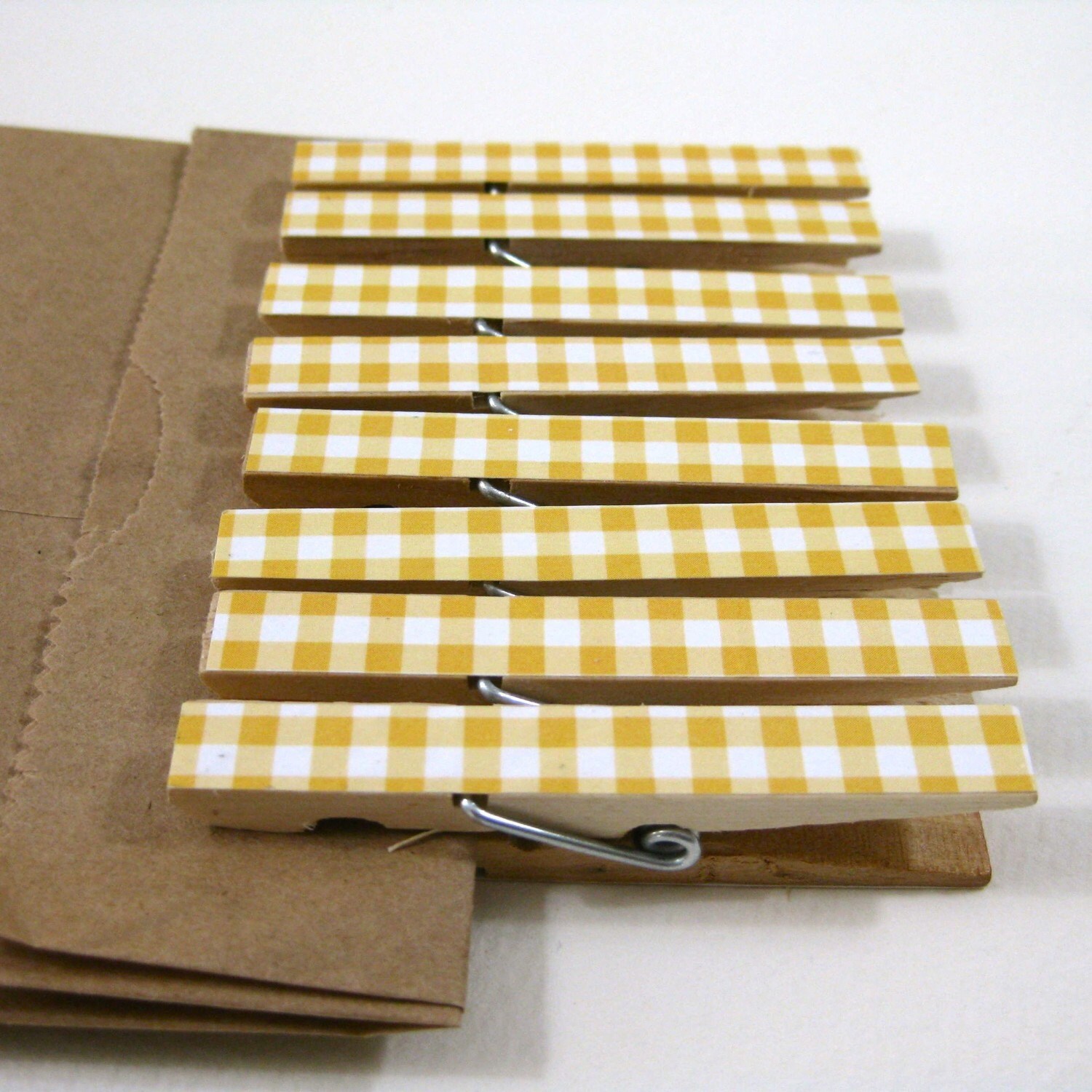 Clothespins. Set of Ten. Yellow Gingham