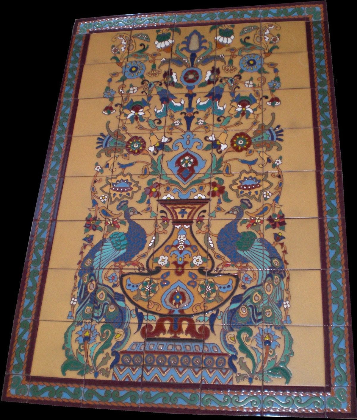 Spanish TIle Mural with Two Peacocks Handmade Tile in Los