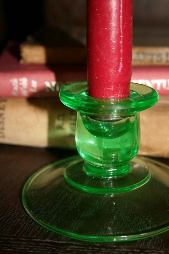 Vintage Vaseline Glass Candle Holder Green Candlestick