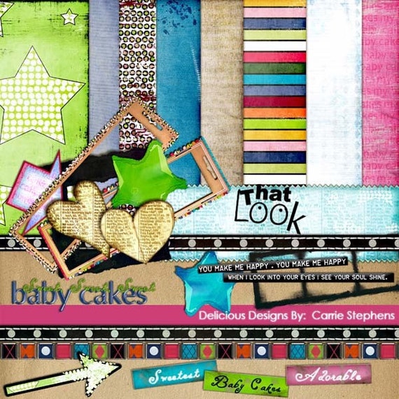 75% Off Clearance Sale, Teen Digital Scrapbook Kit, Digital Papers + Embellishments Hearts & Stars, Hot Pink, Lime Green, Baby Cakes Il_570xn
