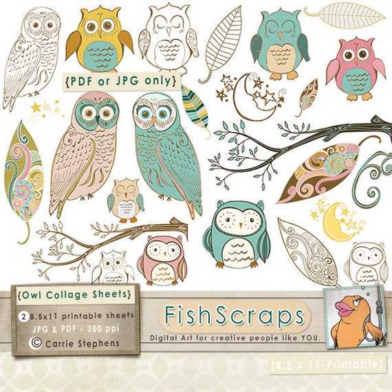 owl digital collage sheet whimsical wispy woodland owls