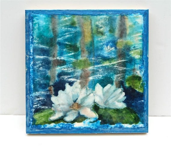 Water lilly painting watercolor and encaustic blue green