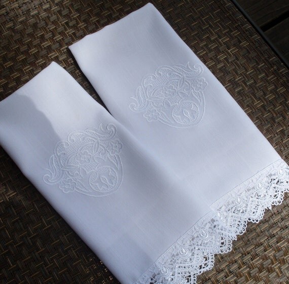 White Embroidered Tea Towels With Lace