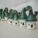 Fairy Houses, Smaller Size -Set of 7- Great Home Decor - Porcelain with Green Curly Roof - Handmade on the Potters Wheel