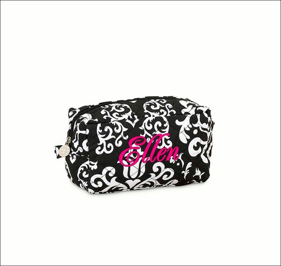 Personalized Compact Quilted Cosmetic Bag - Black and White Damask ...