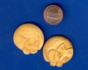 2 Bone Cat Beads, Carved on both sides, Unusual, 29mm
