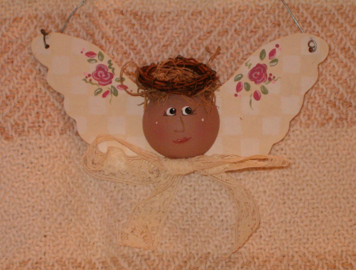 Wood Painted Handcrafted Rose Checked Angel Ornament