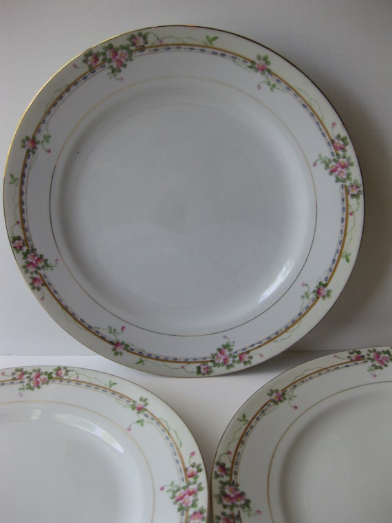 Antique Noritake Handpainted Pink Floral Dinner Plates Set of