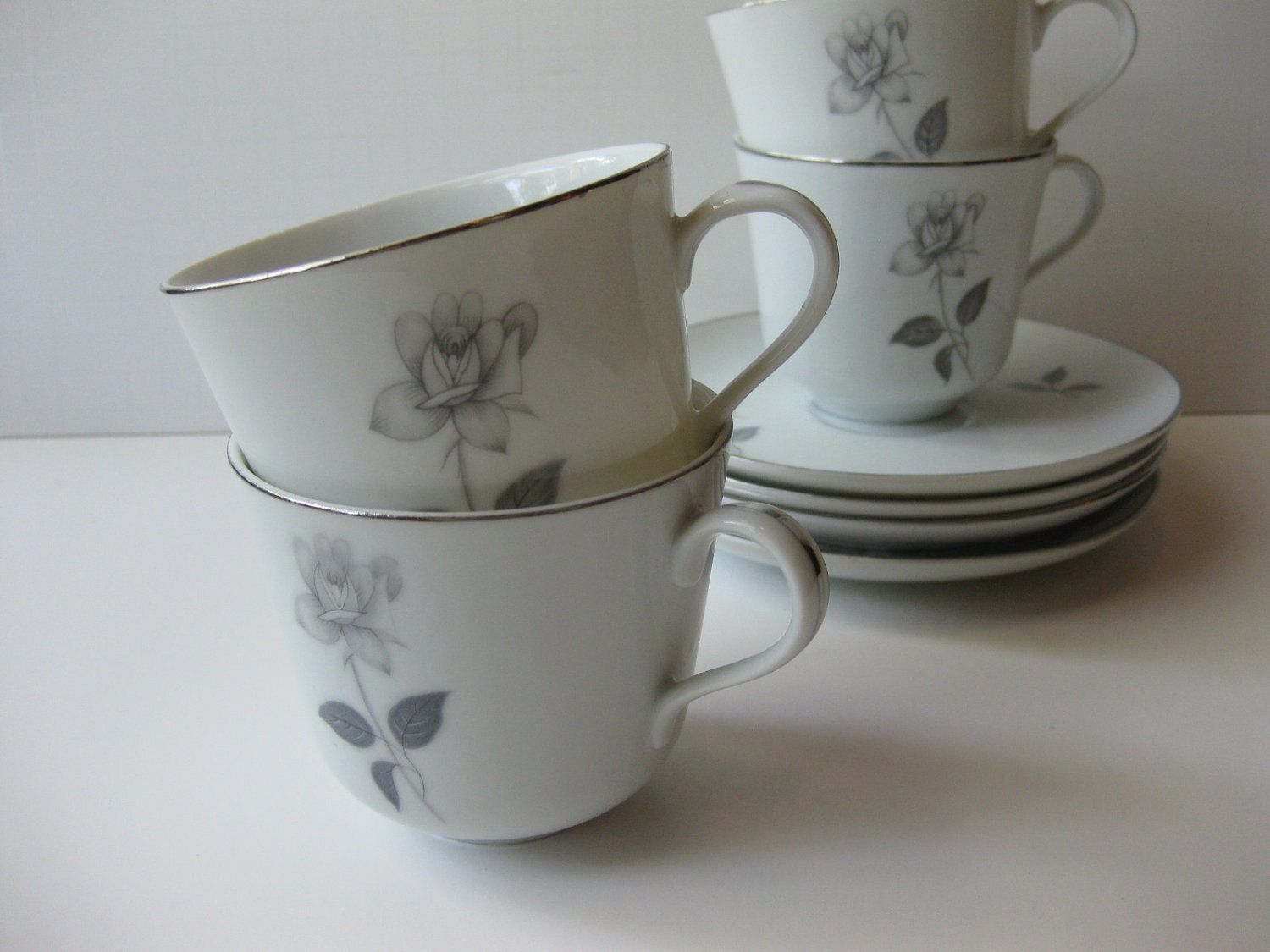 Vintage Fine China of Japan Queens Royal Platinum Rose Teacups