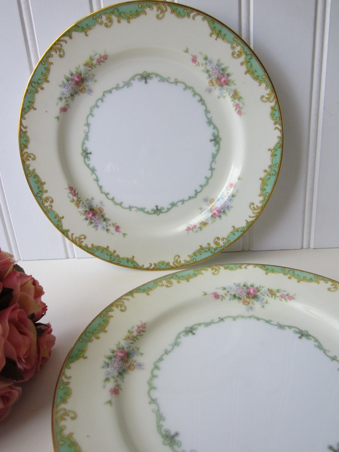 Vintage Noritake Sea Foam Green Floral Salad Plates Pair
