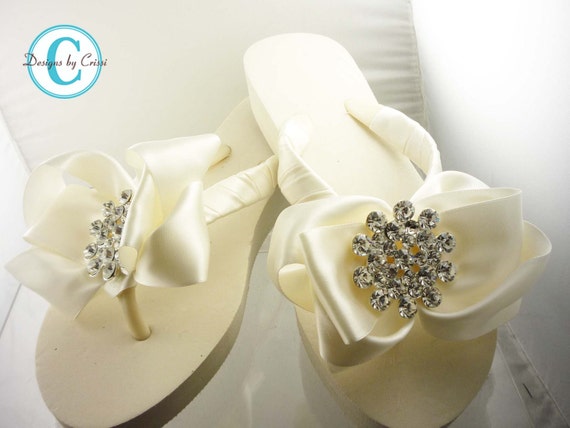 Ivory Wedge Bridal Flip Flops Jewel Rhinestone Satin Rhinestone Bow ...