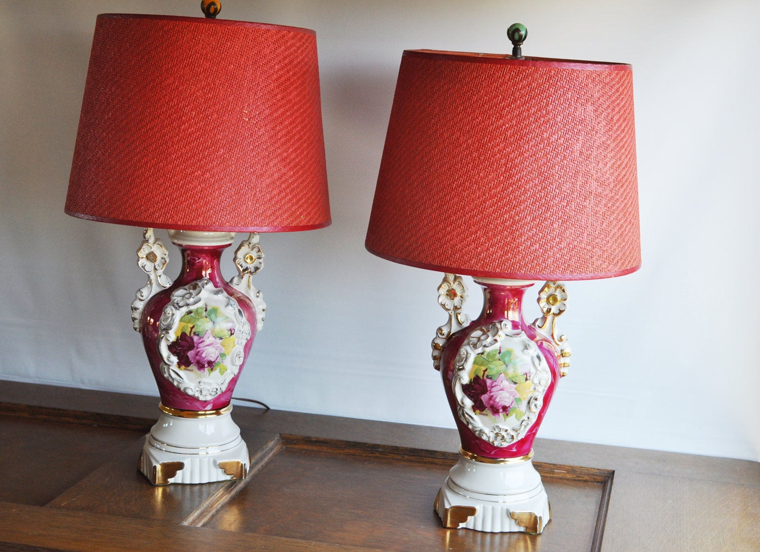 Vintage Pair Floral Ceramic Table Lamps with Woven Red Shades