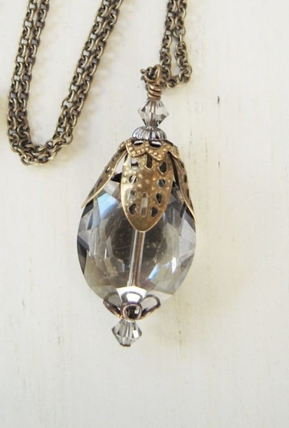 Smokey Gray Crystal Pendant Necklace Antique Brass By Bellamantra