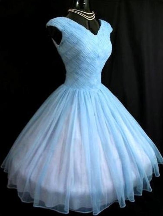 Vintage 50's Blue Ruched CHIFFON Party Prom Dress Vintage 50's Blue Ruched CHIFFON Party Prom Dress