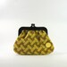Vintage 1970s bakelite frame woven wallet. yellow and brown print small clutch