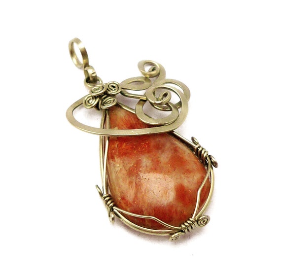 Wire Wrap Orange Pendant with Sunstone by HyppieChic on Etsy