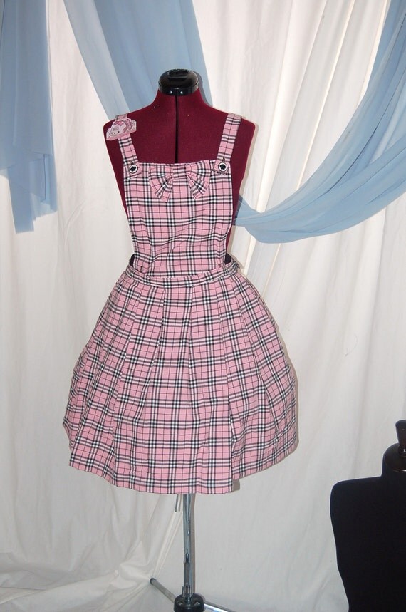 Pink Plaid School Girl jumper with removable bib by thepoisonsugar