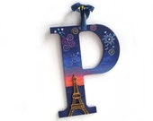PARIS Fireworks Decor, Initial Letter P Wall Hanging, Paris Plaque, Gold Eiffel Tower, Paris at Night