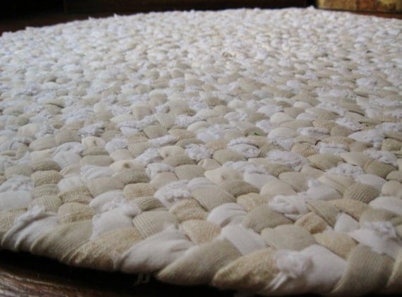 Chenille Braided Round Rug in White Cream and Ivory from