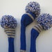 Hand Knit Golf Club Head Covers Set of 3 Blue Tan White with Pom Pom