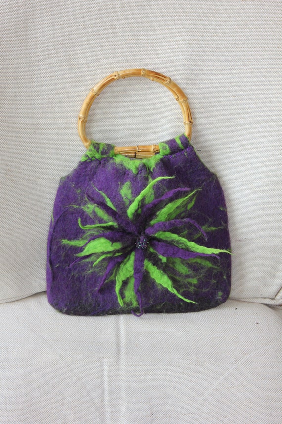 Purple and Green felted wool bag purse handbag with felted flower emblem & bamboo handles...Art to Wear