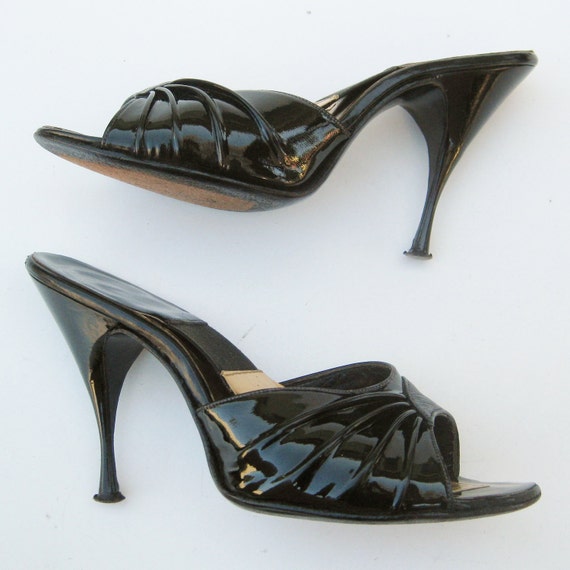 Vintage 50s Shoes Black Patent Leather Peep Toe Mad Men