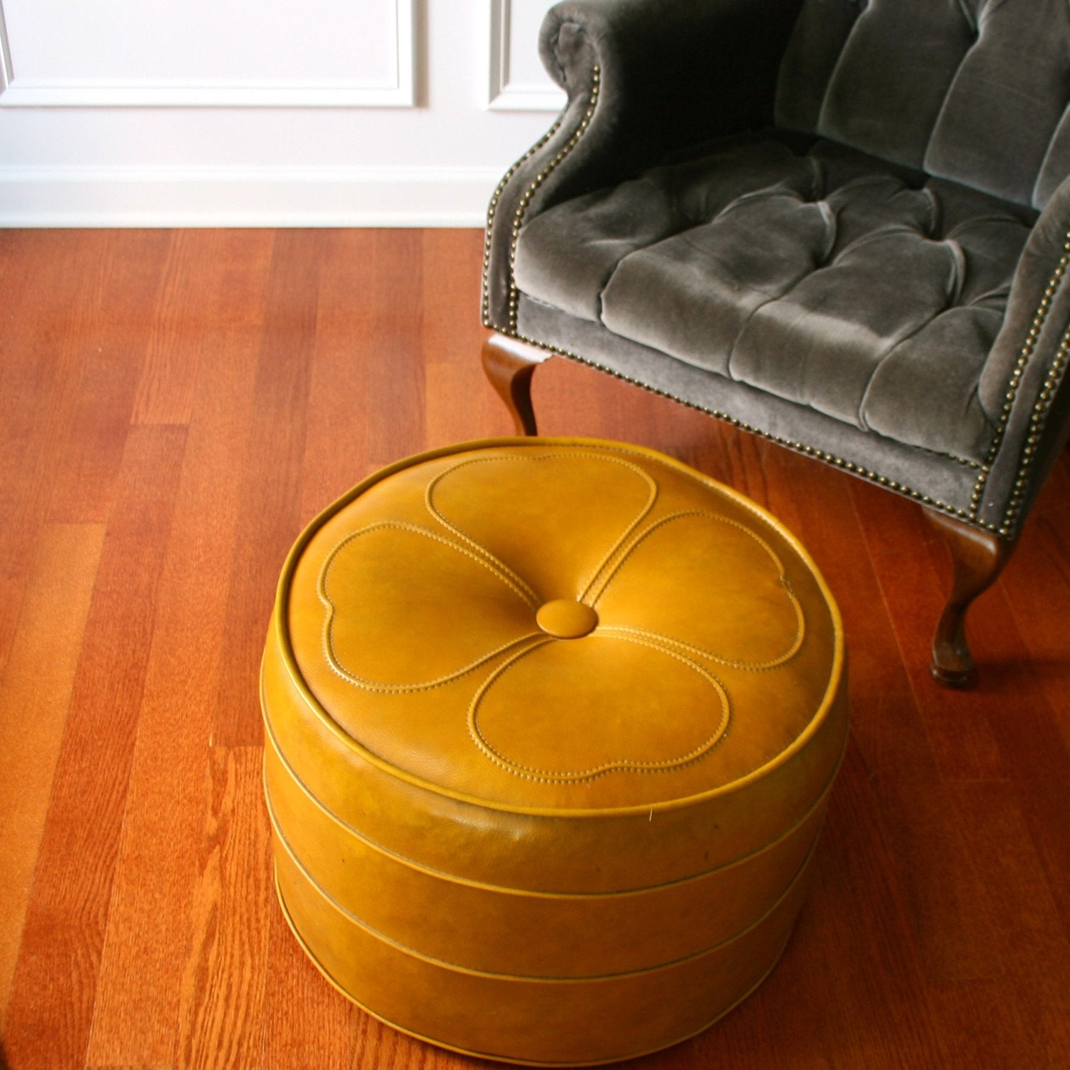 Vintage Ottoman. Hassock. Mustard Yellow. Gold. Mid Centruy