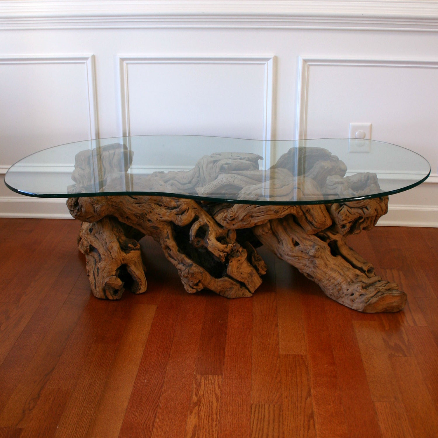 Driftwood Coffee Table with Glass Top. Cocktail. Beach. Zen.