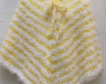 SALE ITEM--GIRL'S Poncho, size for 6 To 8 year old, hand knitted, Yellow and white, hand knitted, cuddley yarn, for the young girl