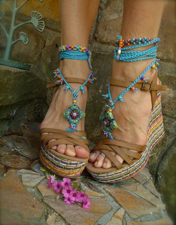 blue HIPPIE summer BAREFOOT SANDALS crochet sandals beaded