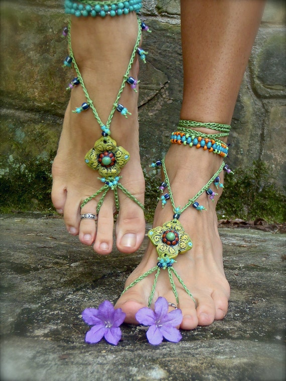 PISTACHIO BAREFOOT sandals green SANDALS crochet beaded foot jewelry ...