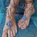 gypsy PURPLE BAREFOOT SANDALS with crochet brown lace hand made foot jewelry hula hooping belly dance yoga wedding